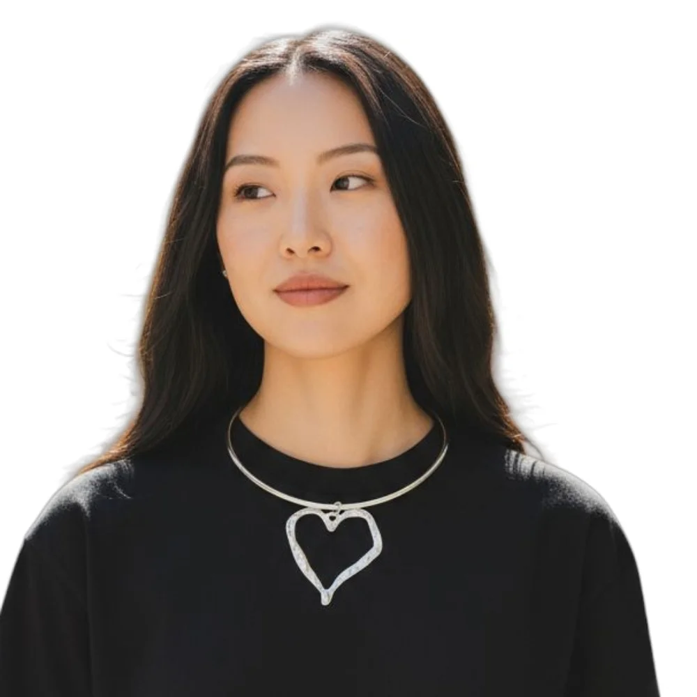 Silver Torque Large Heart Pendant Necklace New Age Grunge Bold Boho Choker 1980s - Picture 2 of 8